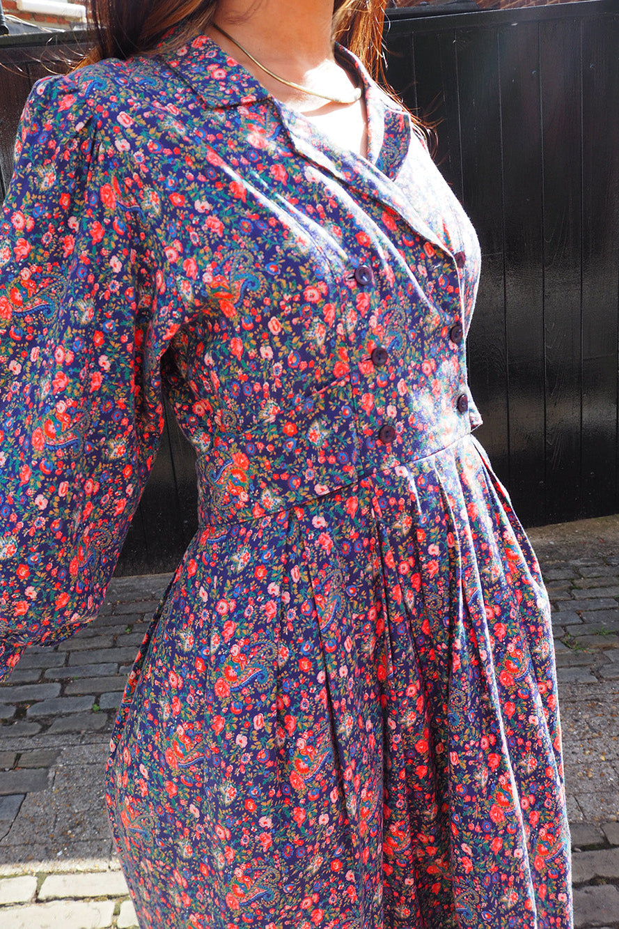 70's Liberty Print Flower Dress Vivien Smith England | Purple Floral Cotton
