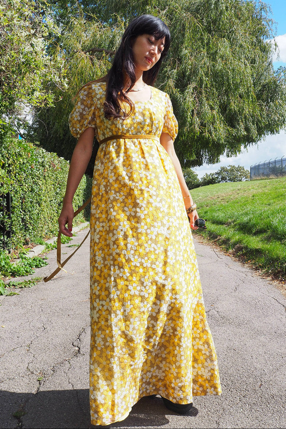 70's Daisy Lace Maxi Dress | Romantic British Vintage with Velvet Ribbon