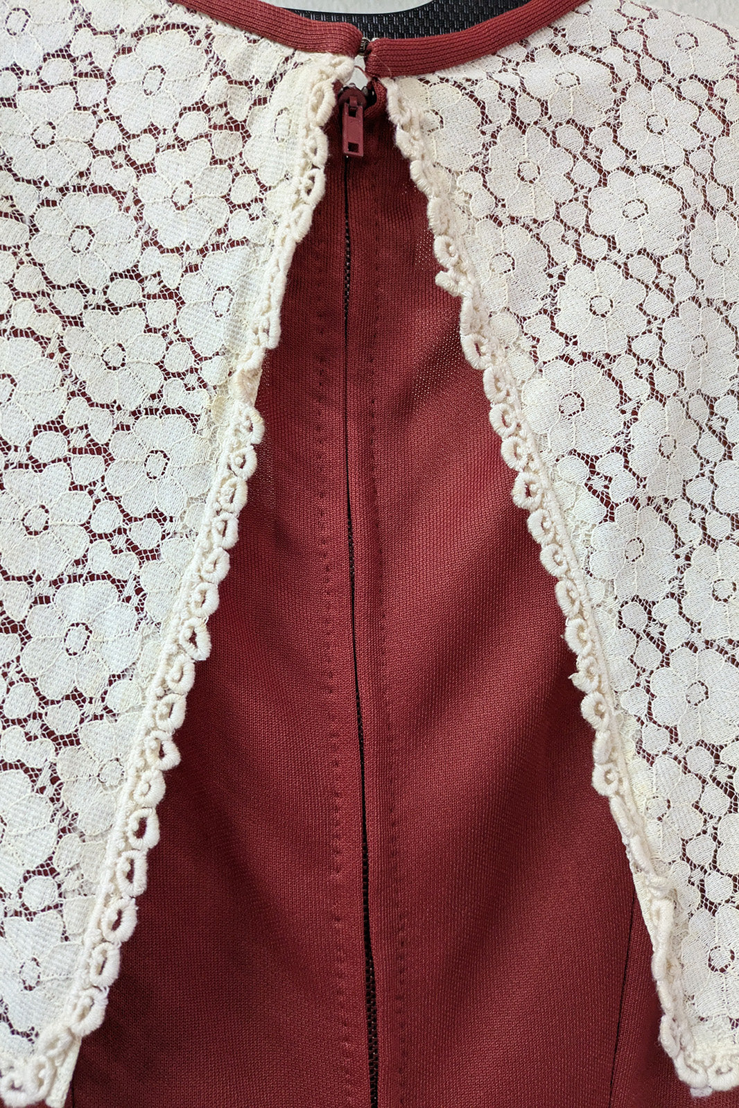 70's Lace Maxi Dress London Vintage | Bordeaux Cape Sleeve Stretch Dress