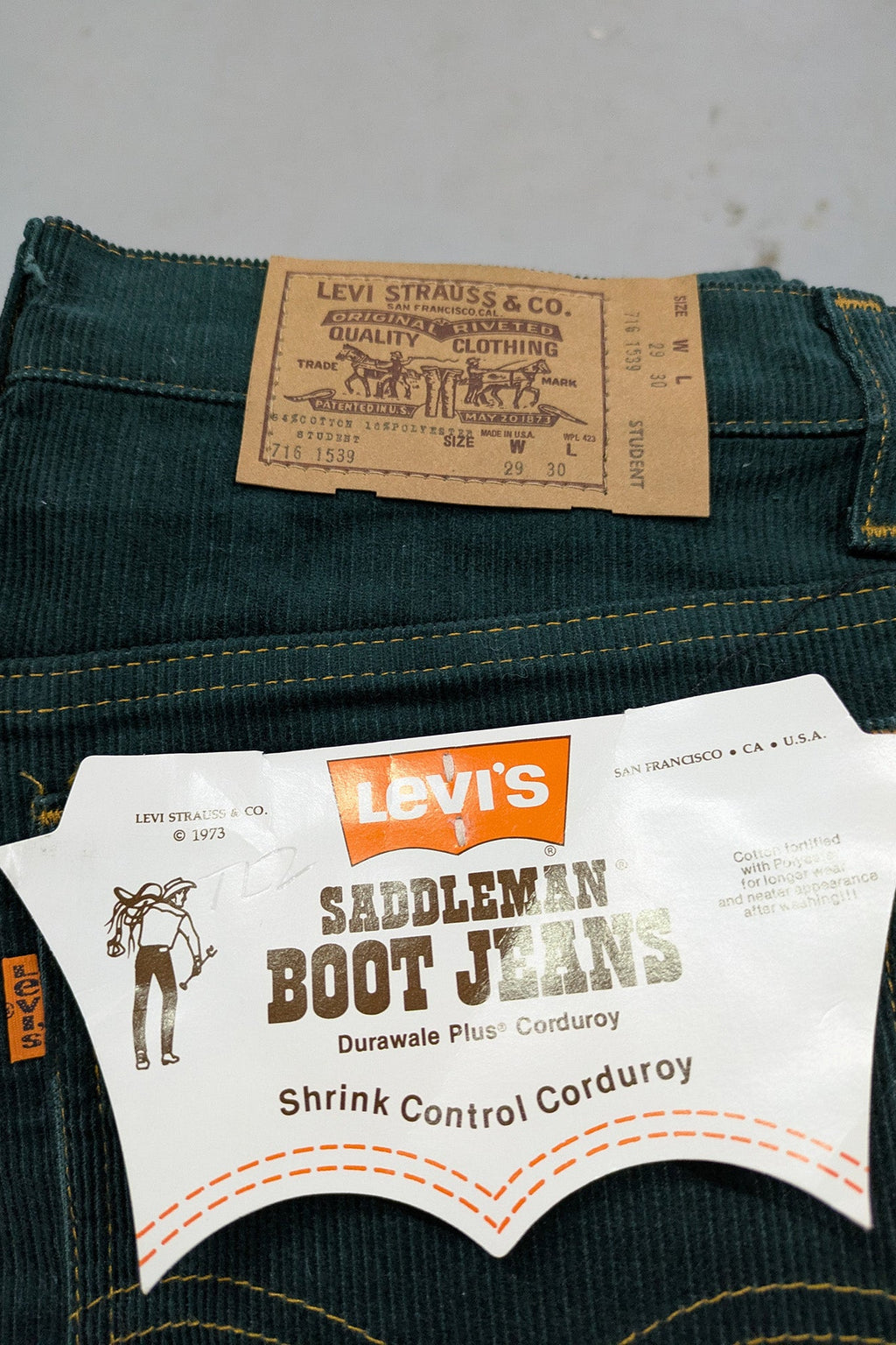 70's Levi's Deadstock Corduroy Pants Green | 716-1517 Saddleman Boot Jeans