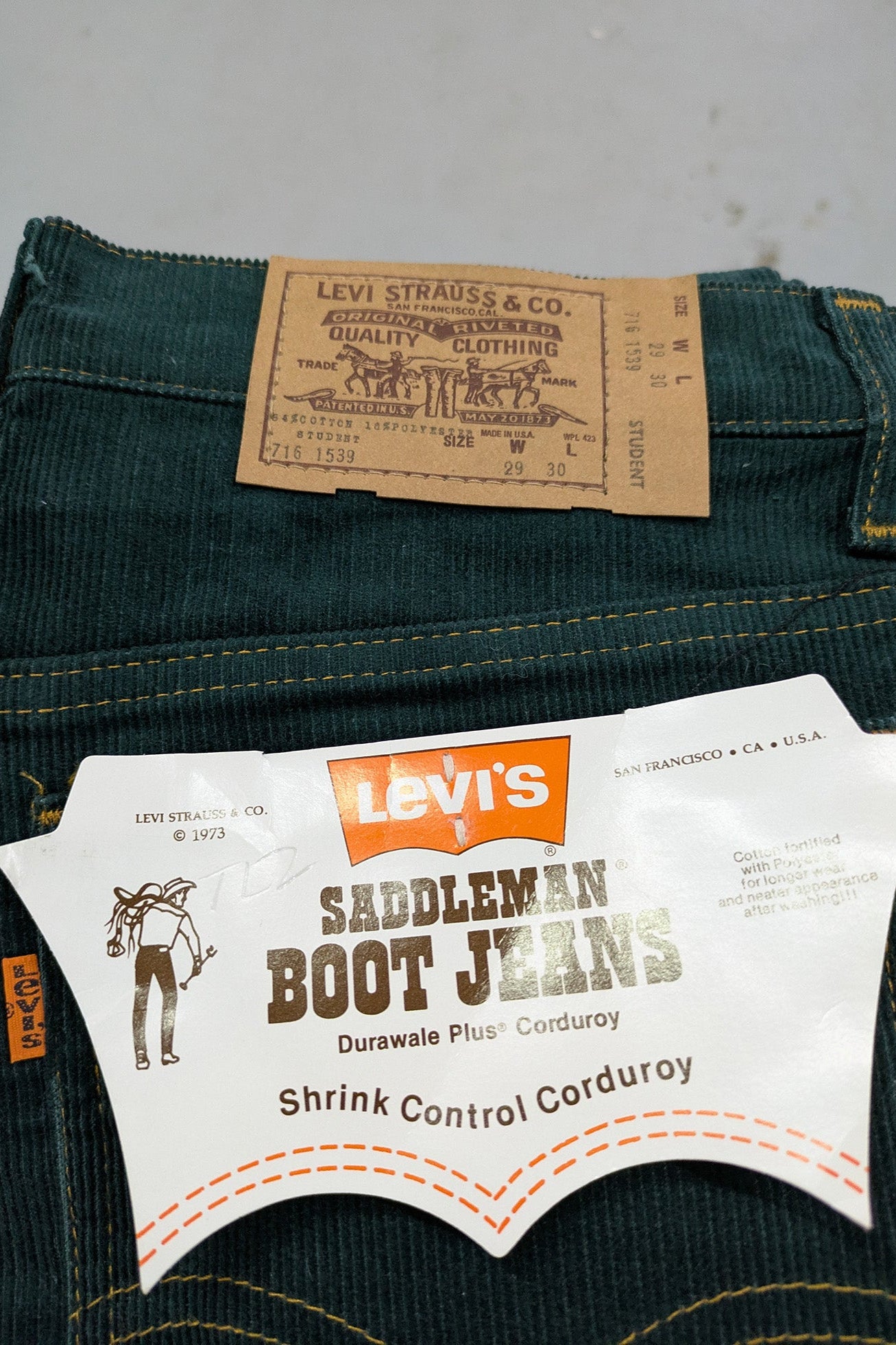 70's Levi's Deadstock Corduroy Pants Green | 716-1517 Saddleman Boot Jeans