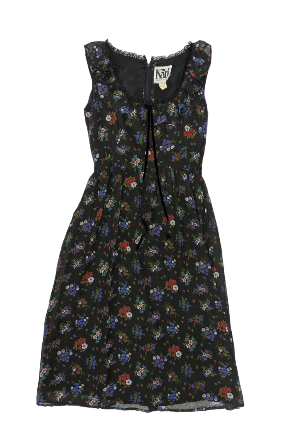 70s Vintage Kati at Laura Phillips Floral Dress - Black Ruffle Collar