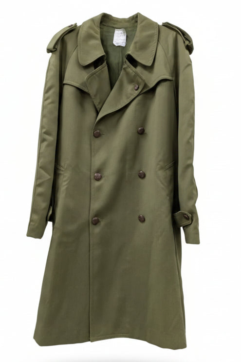 70's Spanish Military Trench Coat Lorca Industrial | Olive Green Leather Button Coat