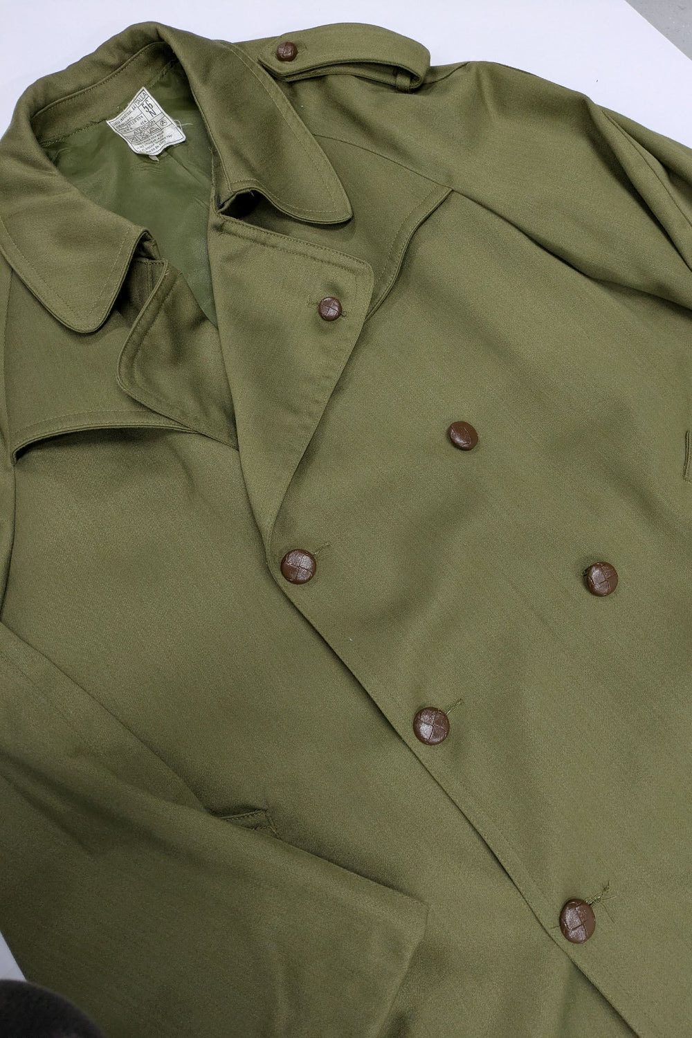 70's Spanish Military Trench Coat Lorca Industrial | Olive Green Leather Button Coat