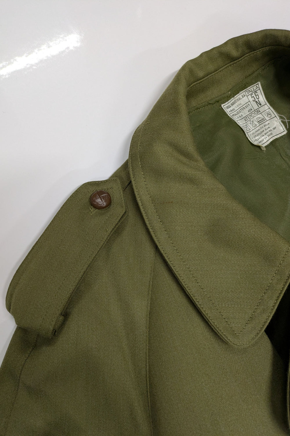 70's Spanish Military Trench Coat Lorca Industrial | Olive Green Leather Button Coat