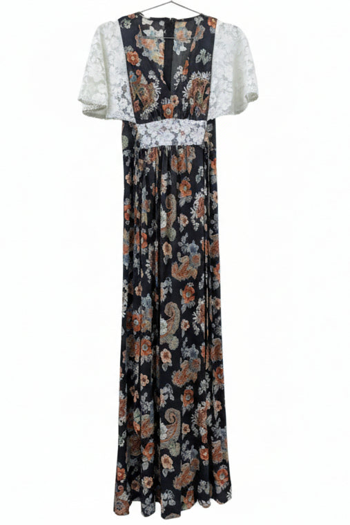 70's Flower Dress London Vintage | Bohemian Lace Bell Sleeve Maxi