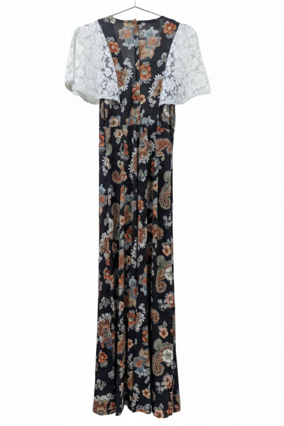 70's Flower Dress London Vintage | Bohemian Lace Bell Sleeve Maxi