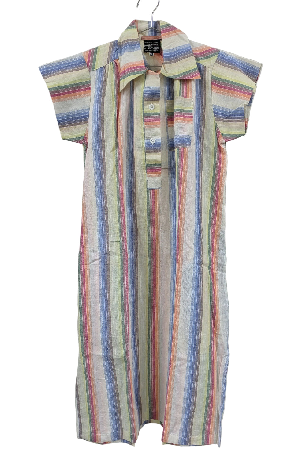 80's Vintage Rainbow Multi-Color Cotton Polo Dress with Ribbon Belt