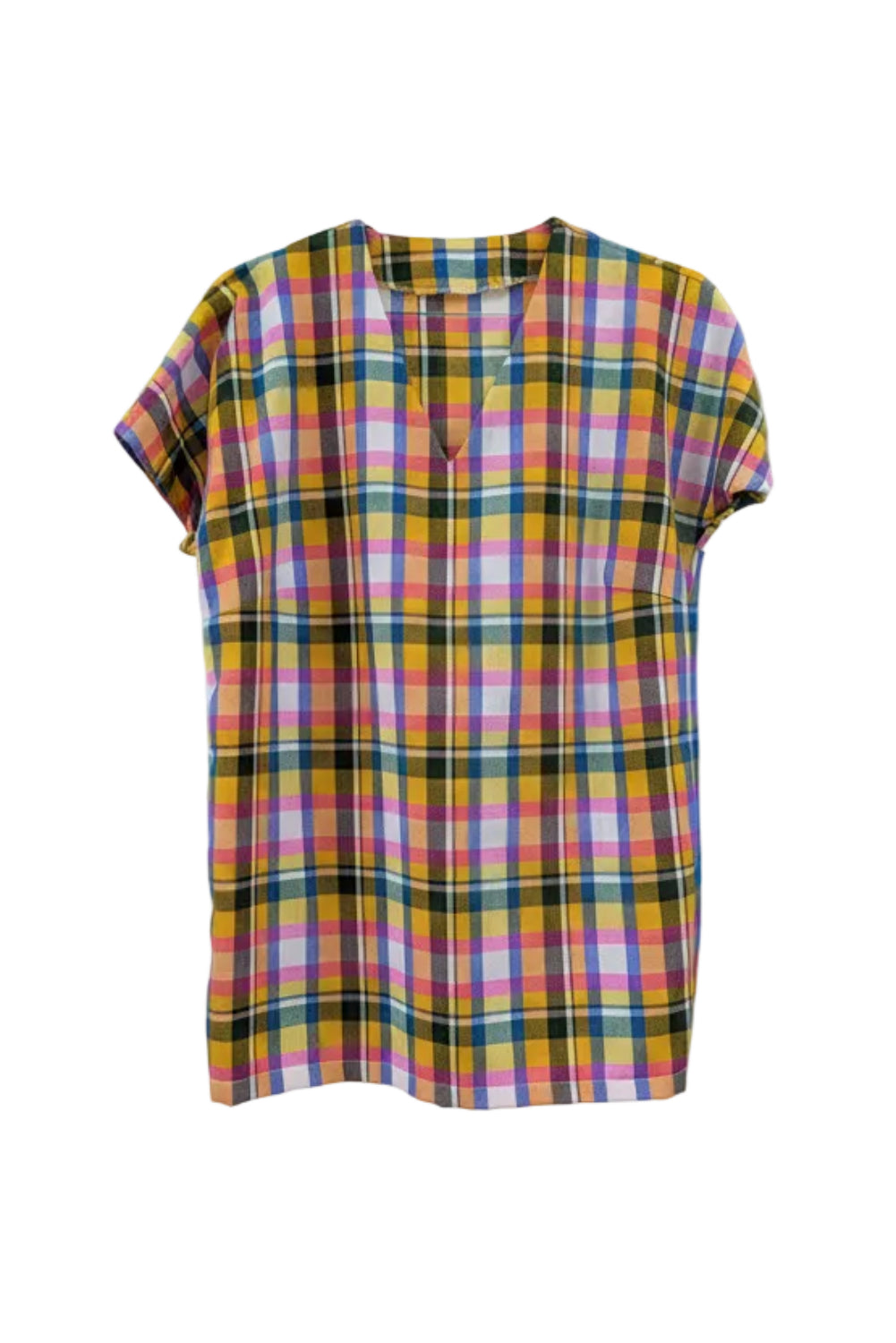 70's Handmade Madras Check Shirt | Colorful V-Neck Vintage