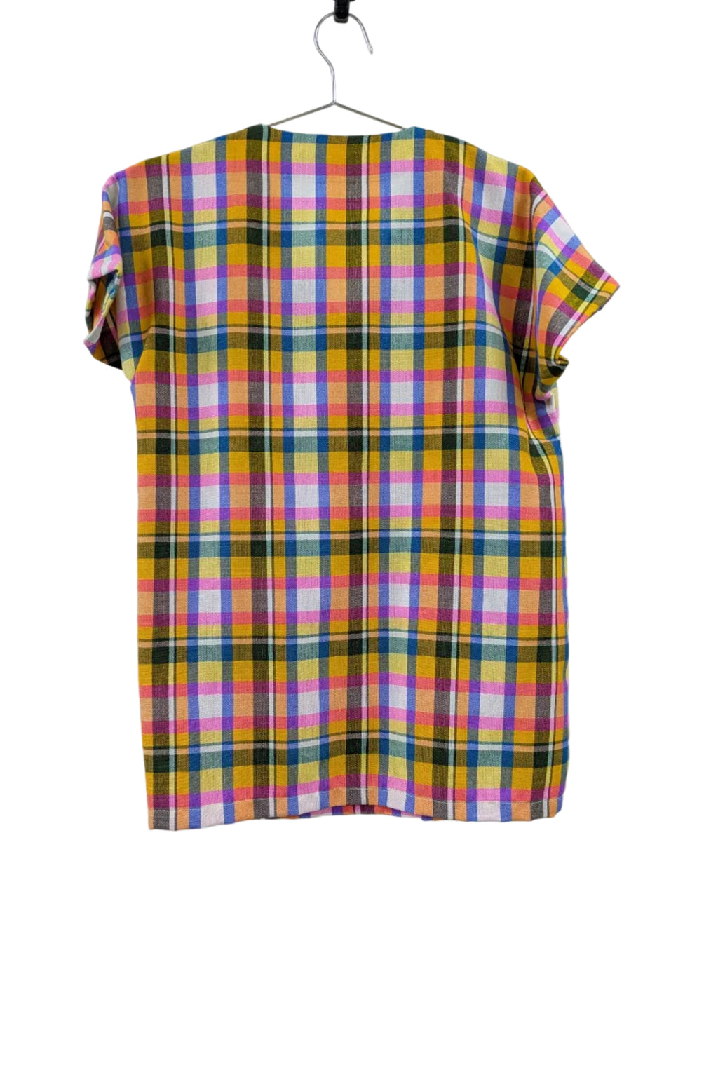 70's Handmade Madras Check Shirt | Colorful V-Neck Vintage