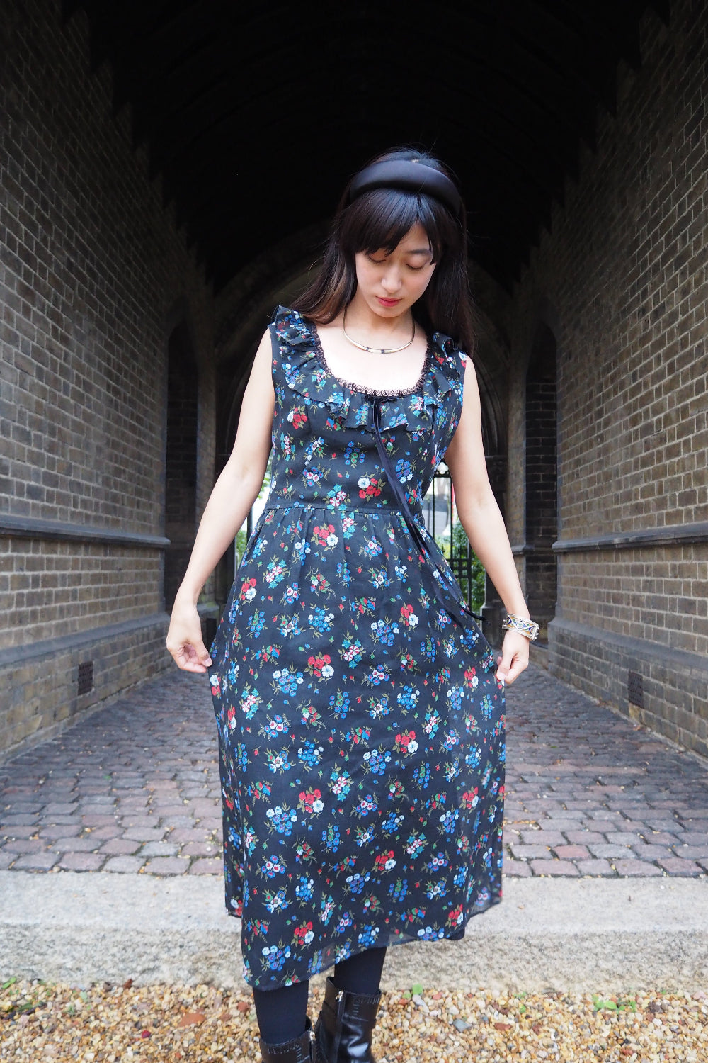 70s Vintage Kati at Laura Phillips Floral Dress | Black base with small floral print ruffle dress - The Tone Collective 70s Vintage Kati at Laura Phillips Floral Dress | Black base with small floral print ruffle dress - The Tone Collective