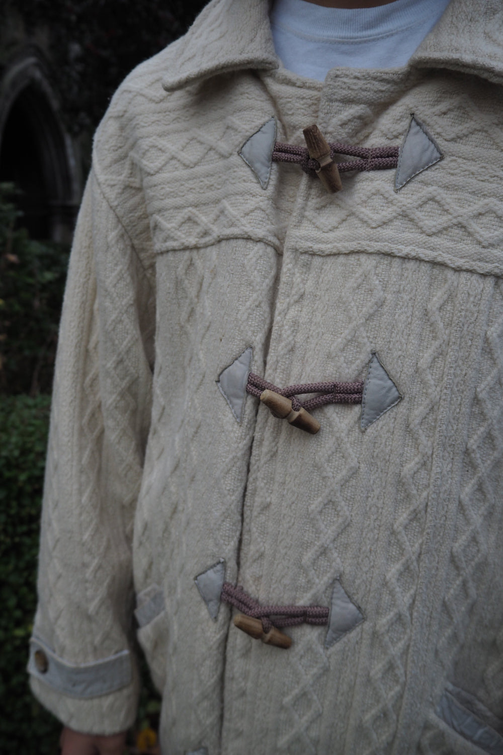 70s BRUTE Knit Duffle Coat | UK Ivory Leather Details Unisex