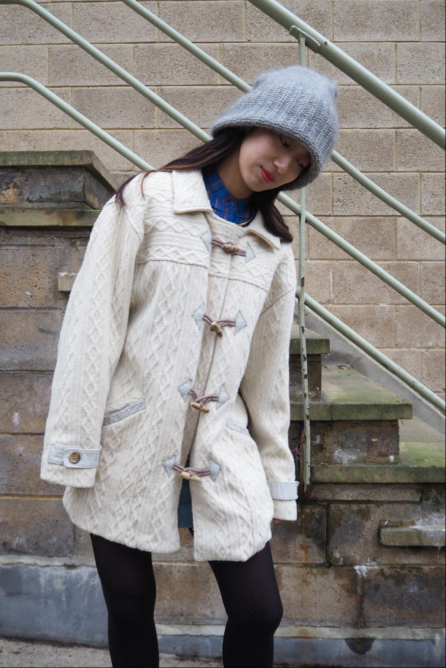 70s BRUTE Knit Duffle Coat | UK Ivory Leather Details Unisex