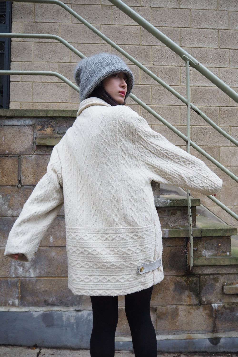 70s BRUTE Knit Duffle Coat | UK Ivory Leather Details Unisex