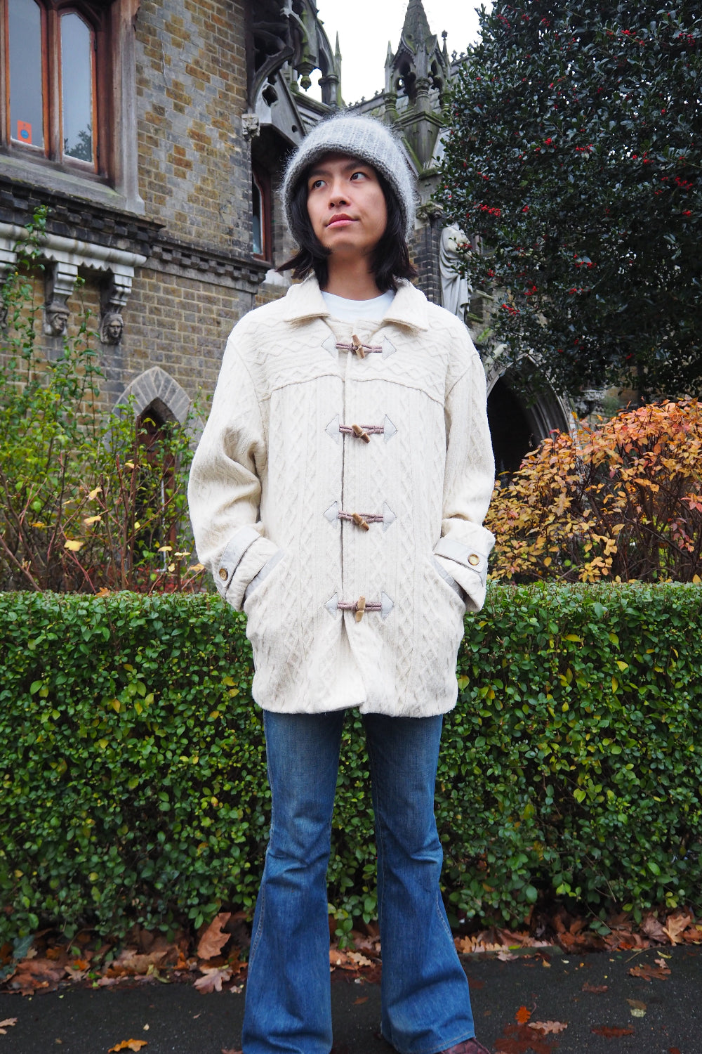 70s BRUTE Knit Duffle Coat | UK Ivory Leather Details Unisex