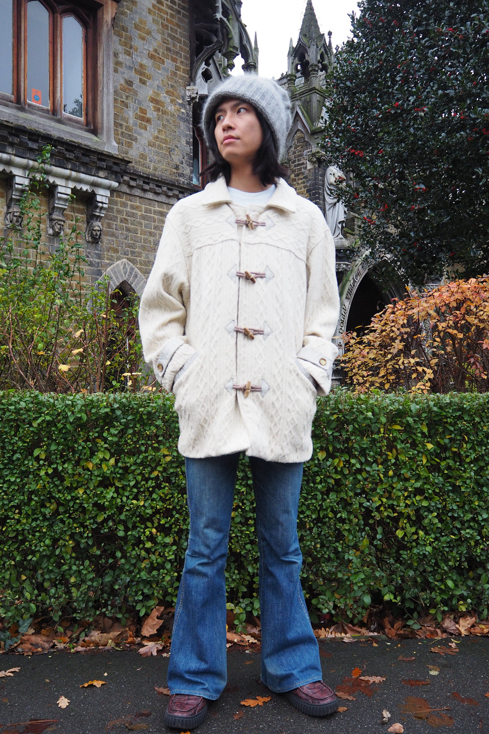 70s BRUTE Knit Duffle Coat | UK Ivory Leather Details Unisex