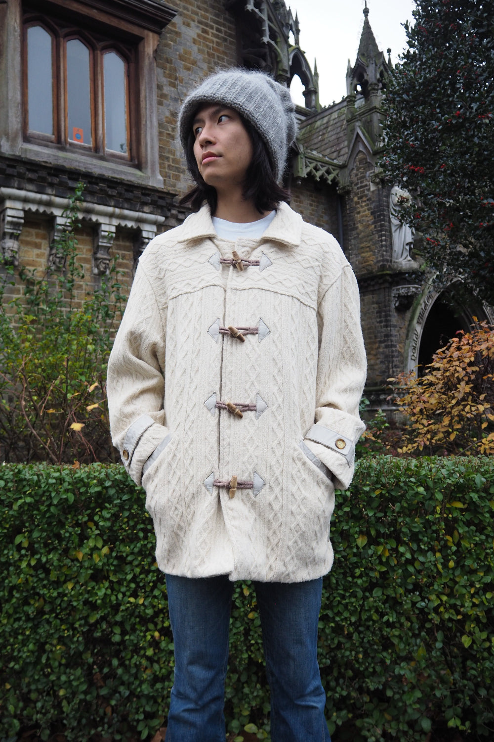 70s BRUTE Knit Duffle Coat | UK Ivory Leather Details Unisex