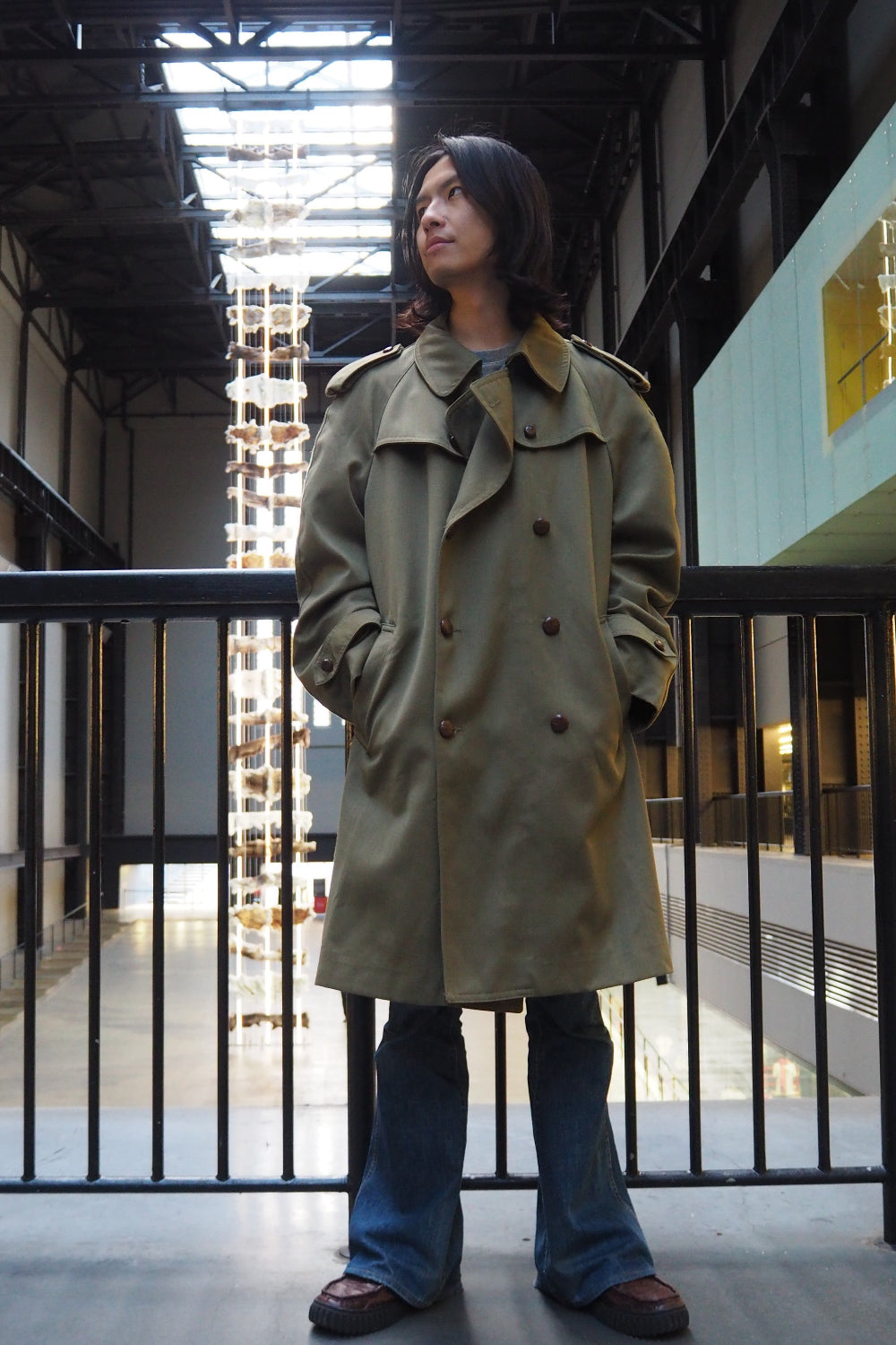 70's Spanish Military Trench Coat Lorca Industrial | Olive Green Leather Button Coat