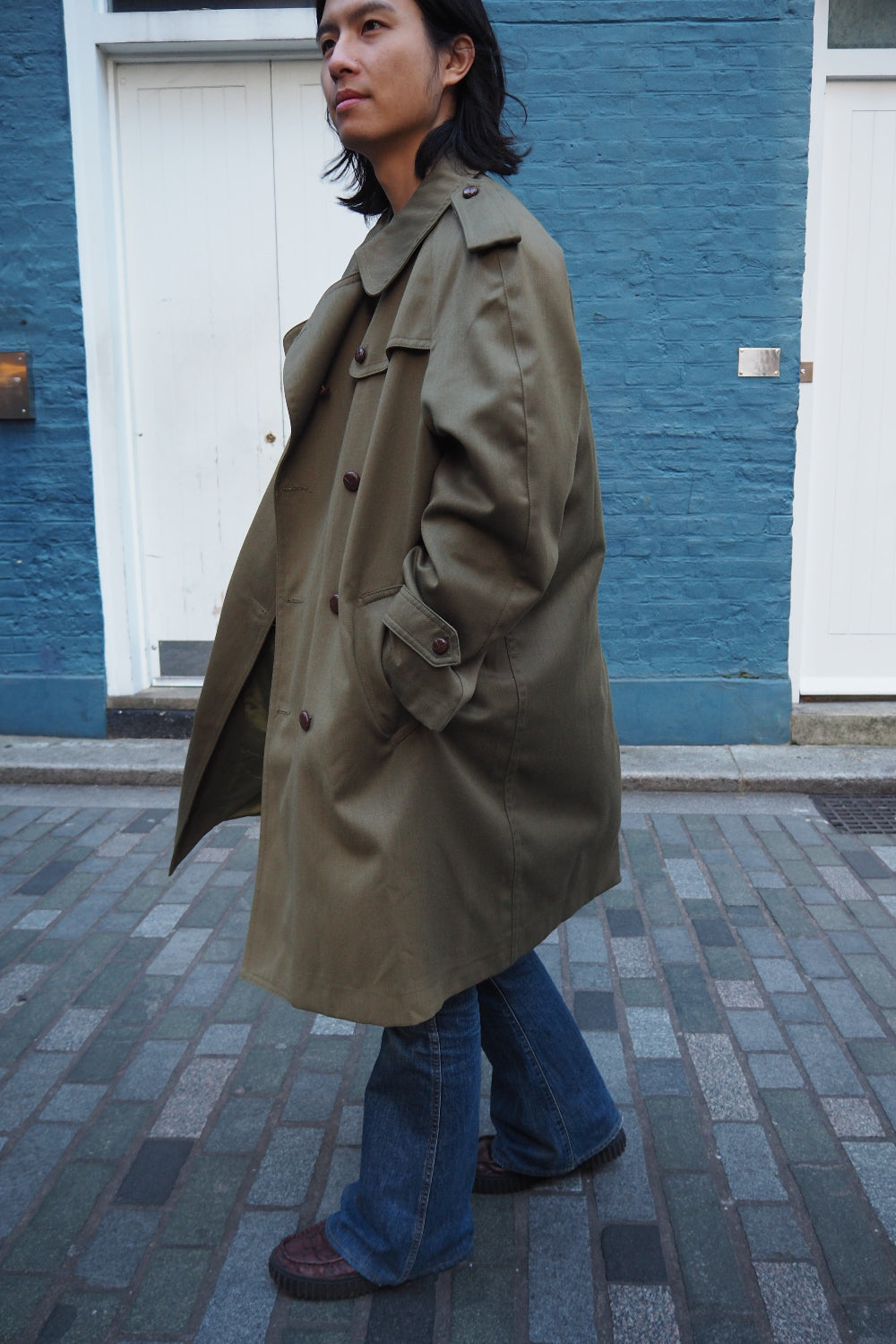 70's Spanish Military Trench Coat Lorca Industrial | Olive Green Leather Button Coat