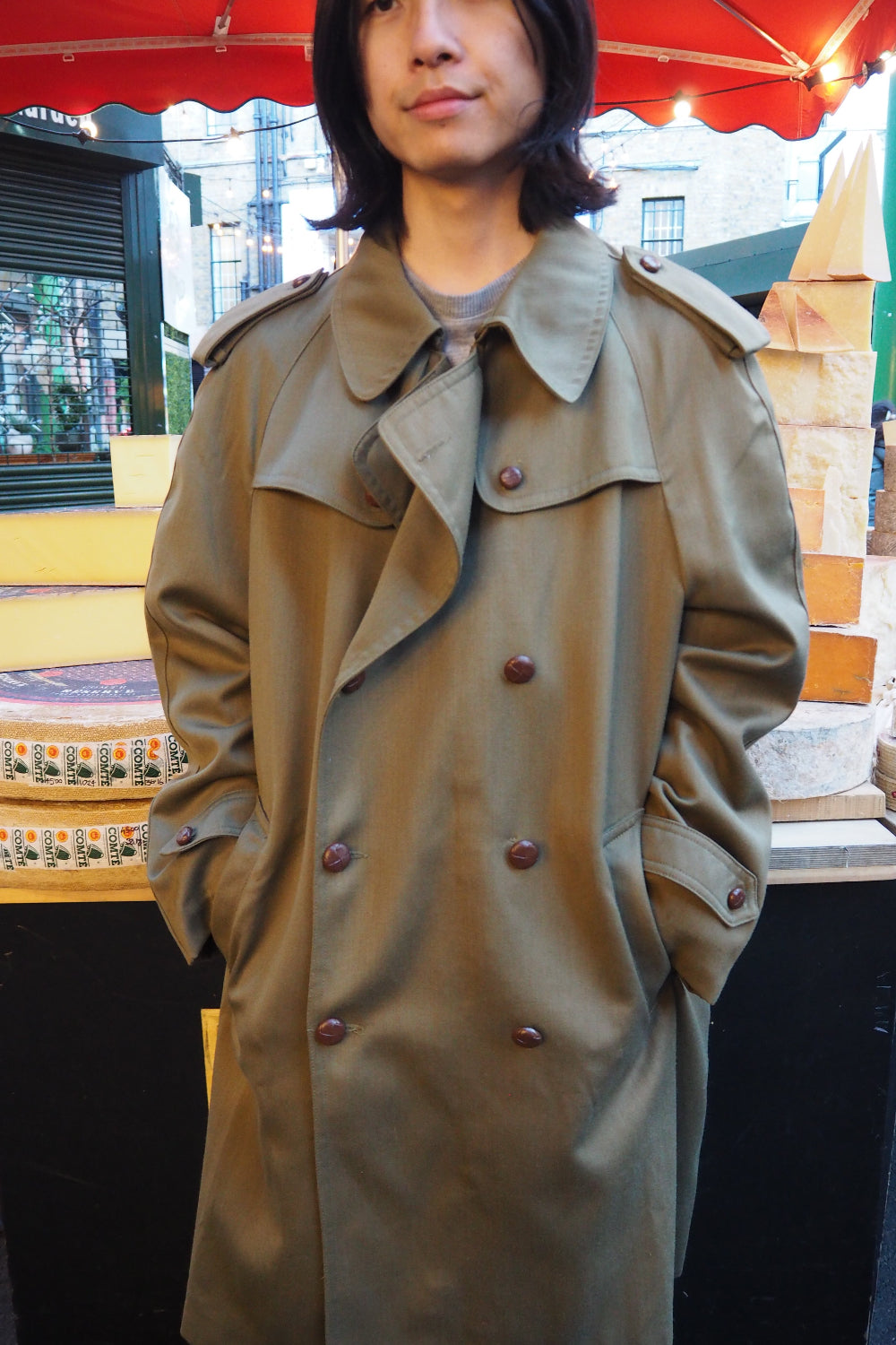 70's Spanish Military Trench Coat Lorca Industrial | Olive Green Leather Button Coat