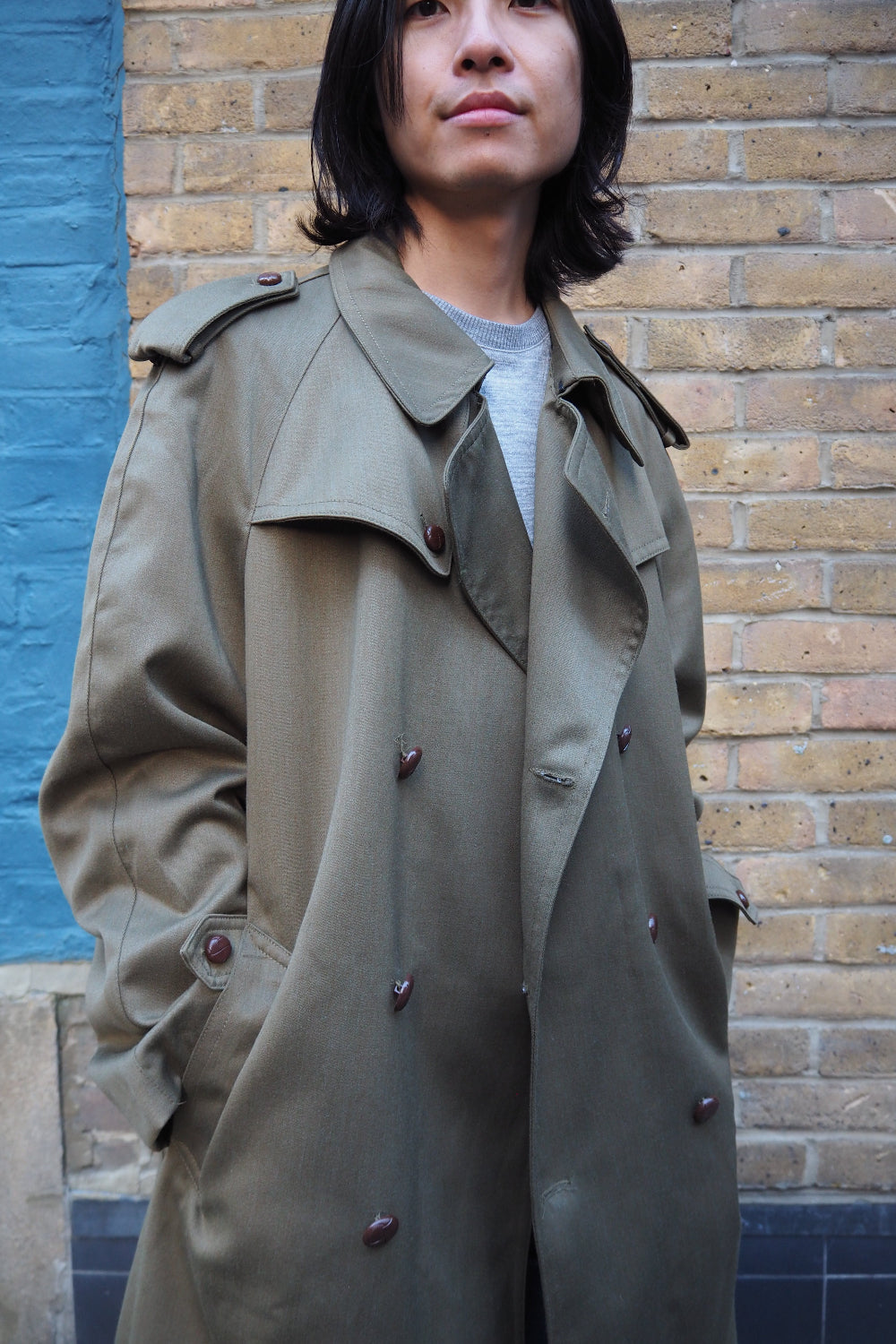 70's Spanish Military Trench Coat Lorca Industrial | Olive Green Leather Button Coat