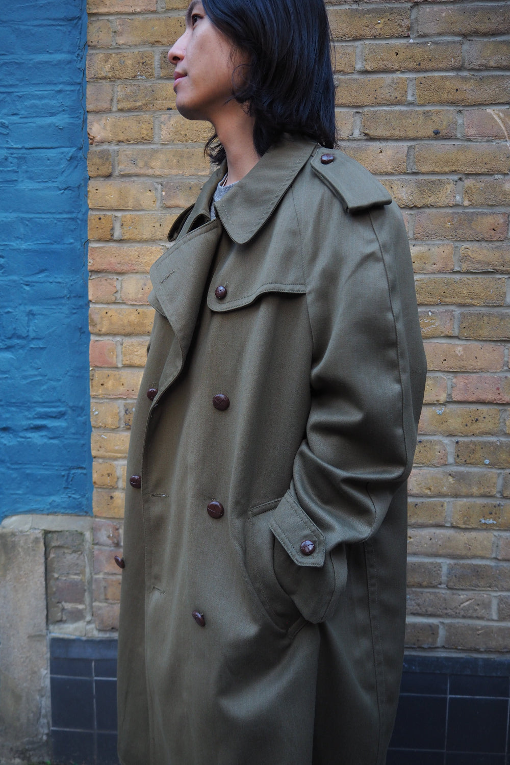 70's Spanish Military Trench Coat Lorca Industrial | Olive Green Leather Button Coat