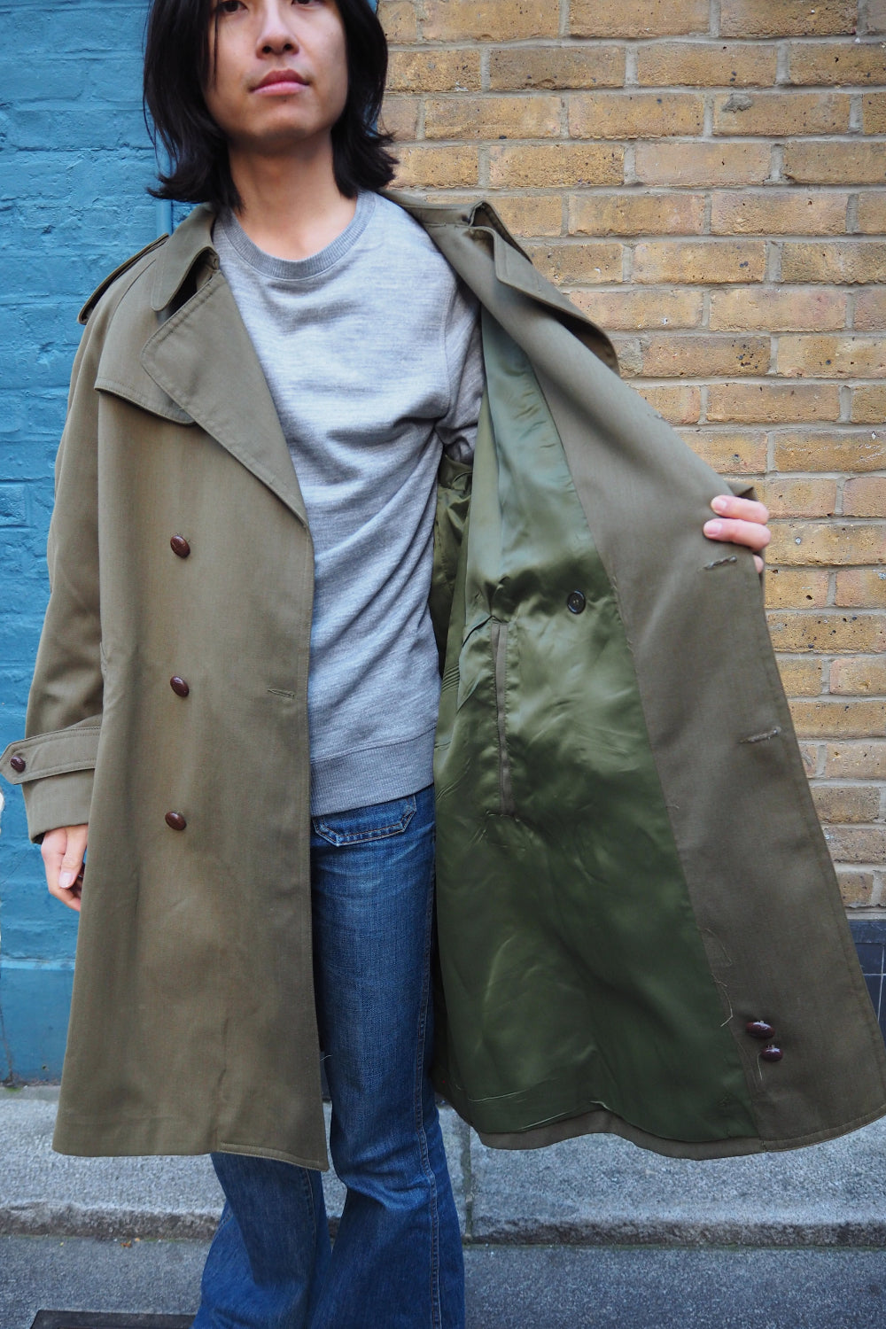 70's Spanish Military Trench Coat Lorca Industrial | Olive Green Leather Button Coat