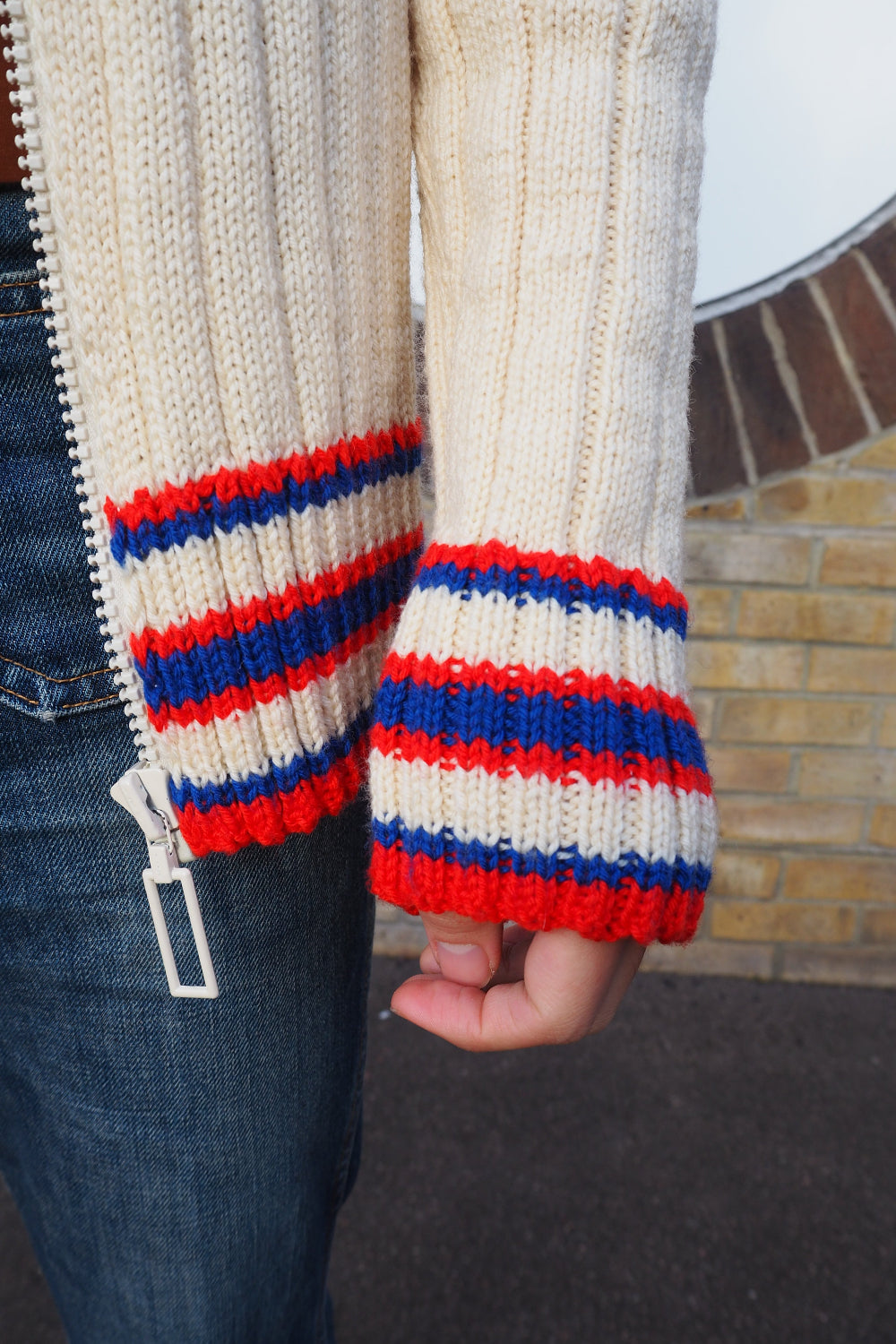 70-80s Vintage zip-up knit |Vintage Knit Hoodie with Tricolor Collar