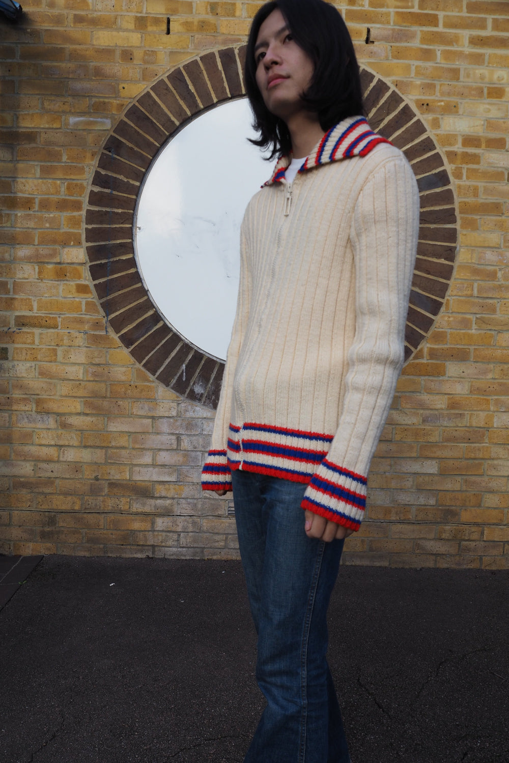 70-80s Vintage zip-up knit |Vintage Knit Hoodie with Tricolor Collar