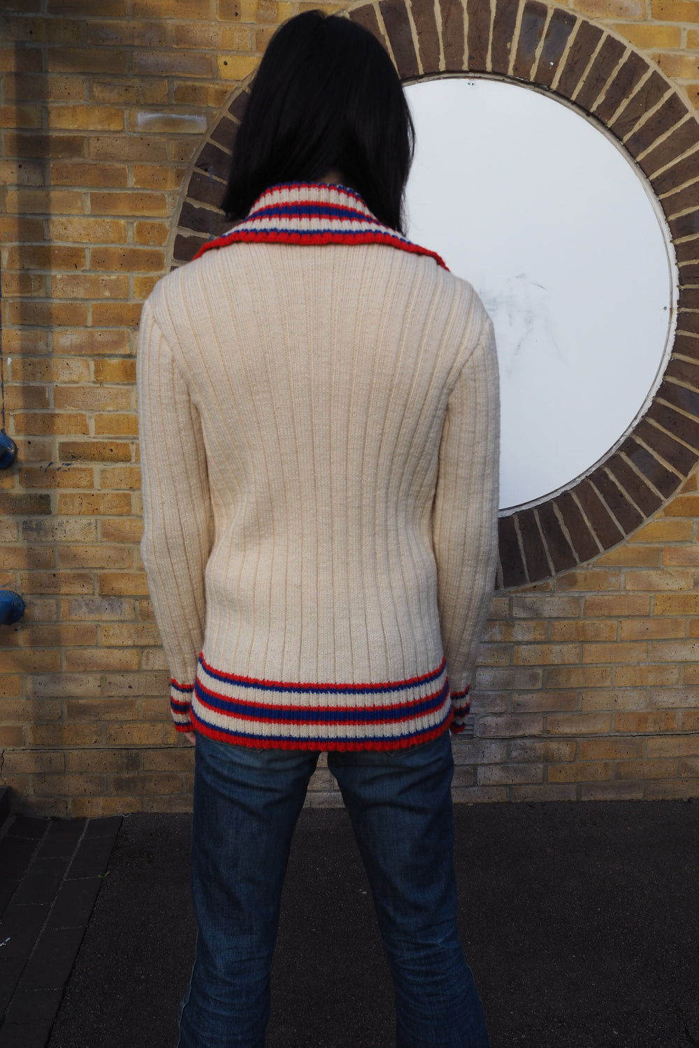 70-80s Vintage zip-up knit |Vintage Knit Hoodie with Tricolor Collar