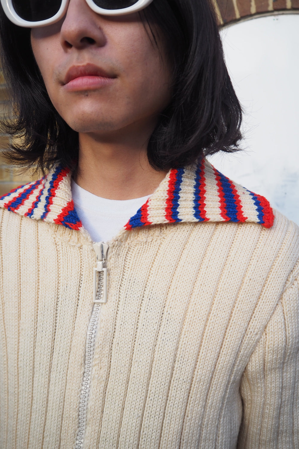 70-80s Vintage zip-up knit |Vintage Knit Hoodie with Tricolor Collar
