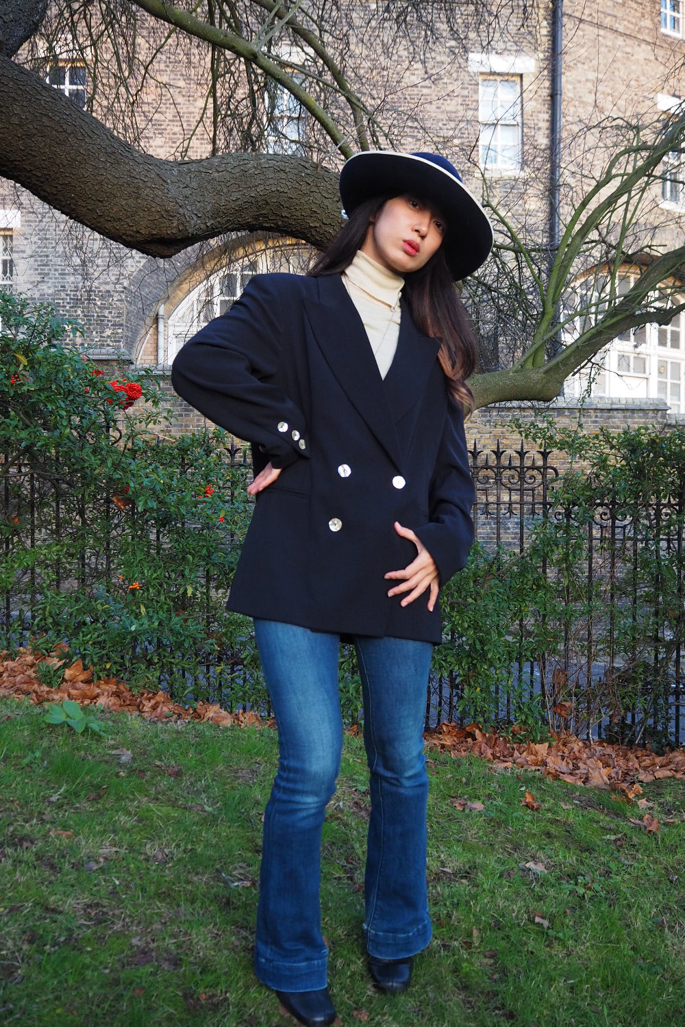 70s Rita Nazzari Double Jacket with Shell Buttons | Paris Navy