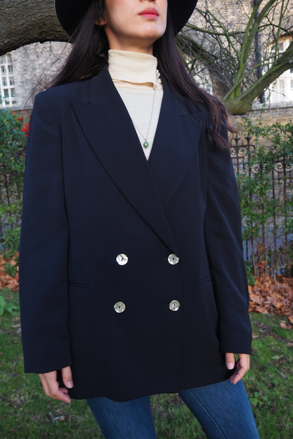 70s Rita Nazzari Double Jacket with Shell Buttons | Paris Navy