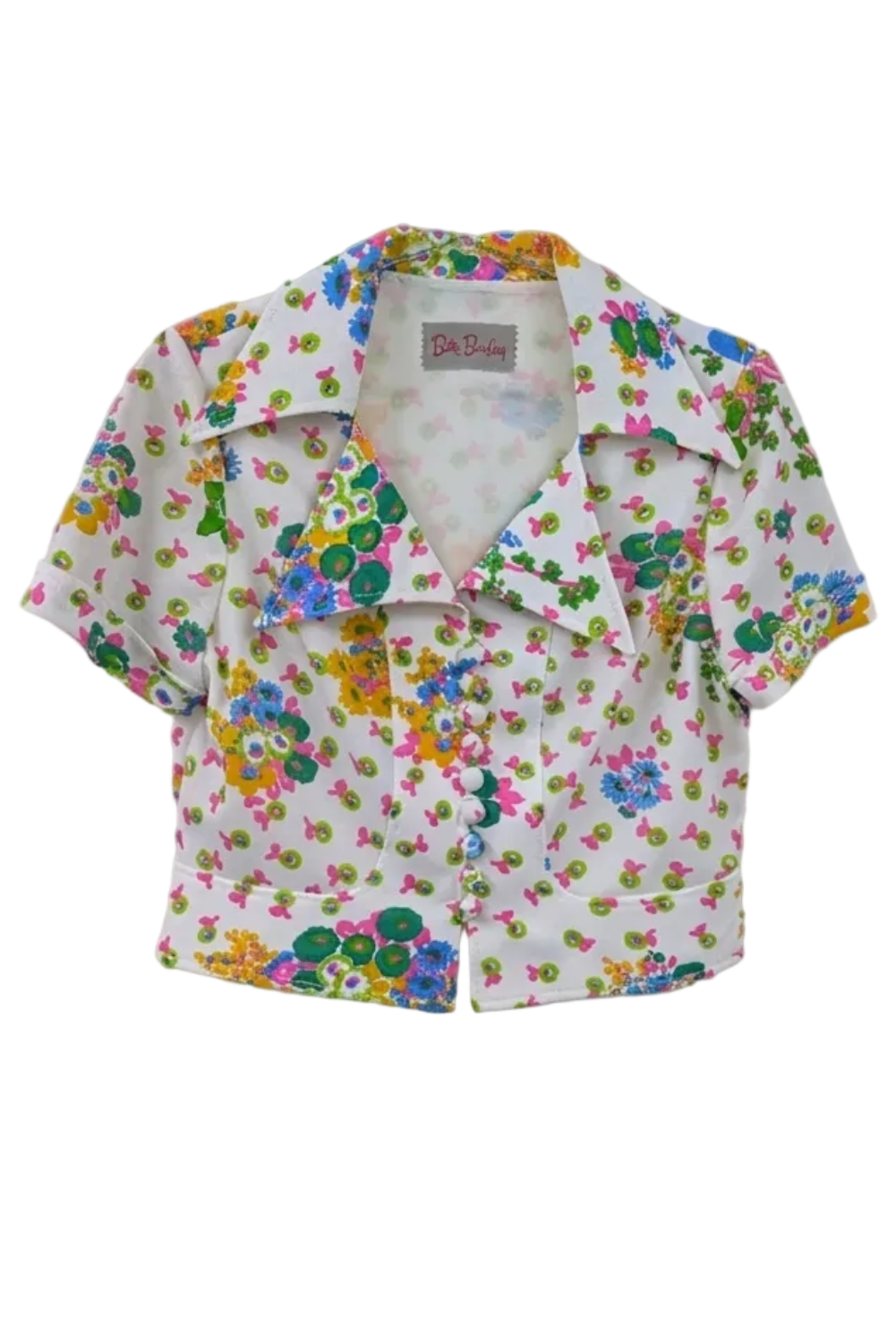70's Vintage Betty Barclay White Shirt with Large Collar & Fabric Buttons