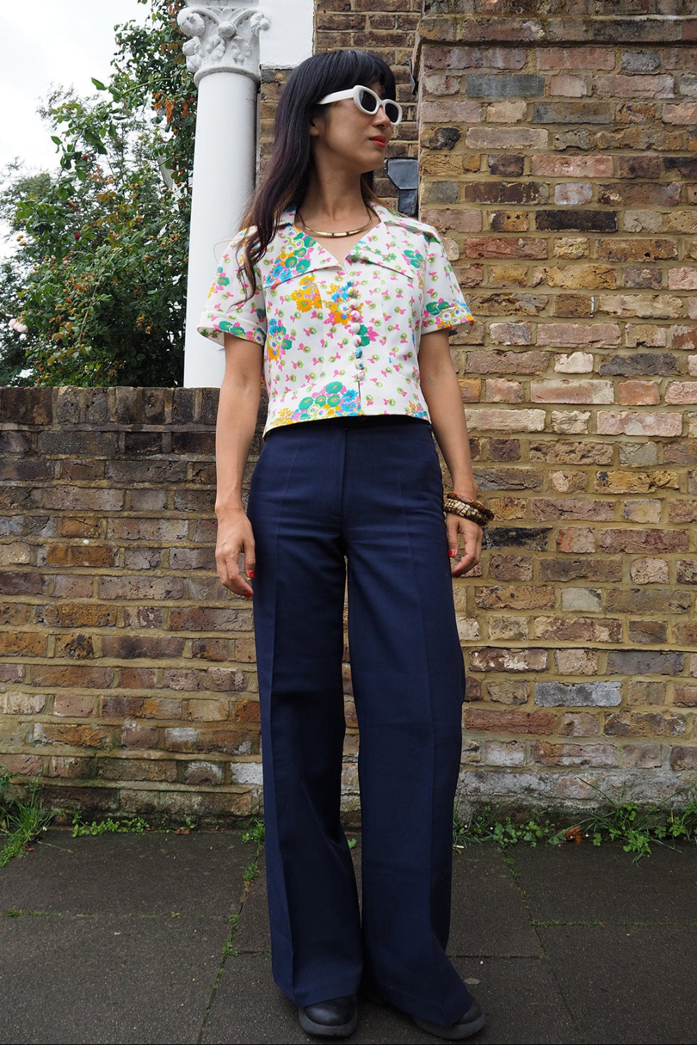 70's Vintage Betty Barclay White Shirt with Large Collar & Fabric Buttons