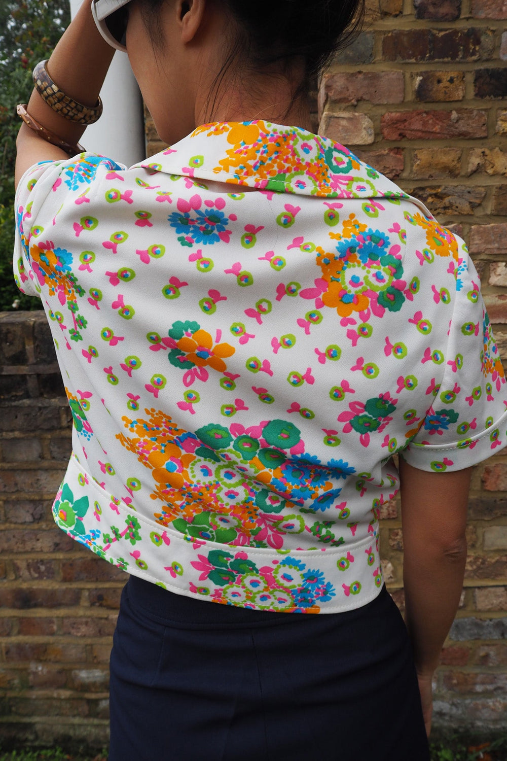 70's Vintage Betty Barclay White Shirt with Large Collar & Fabric Buttons