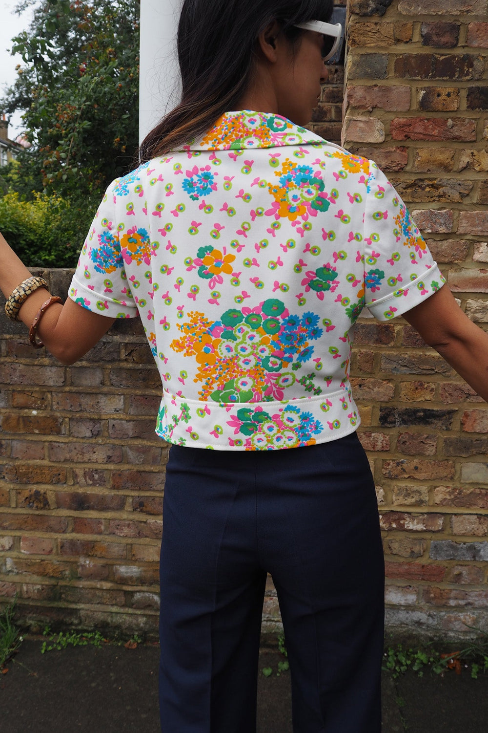 70's Vintage Betty Barclay White Shirt with Large Collar & Fabric Buttons