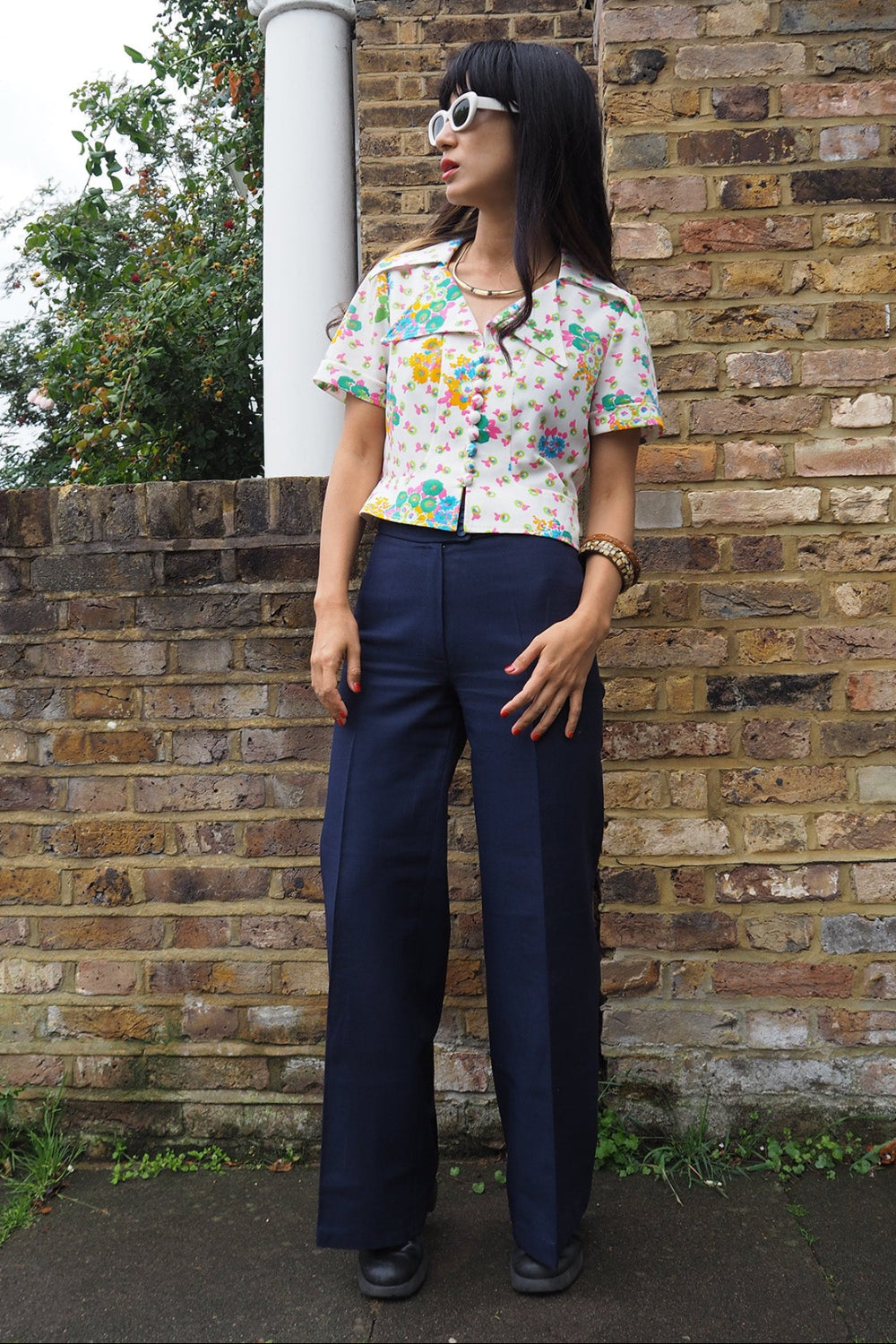 70's Vintage Betty Barclay White Shirt with Large Collar & Fabric Buttons