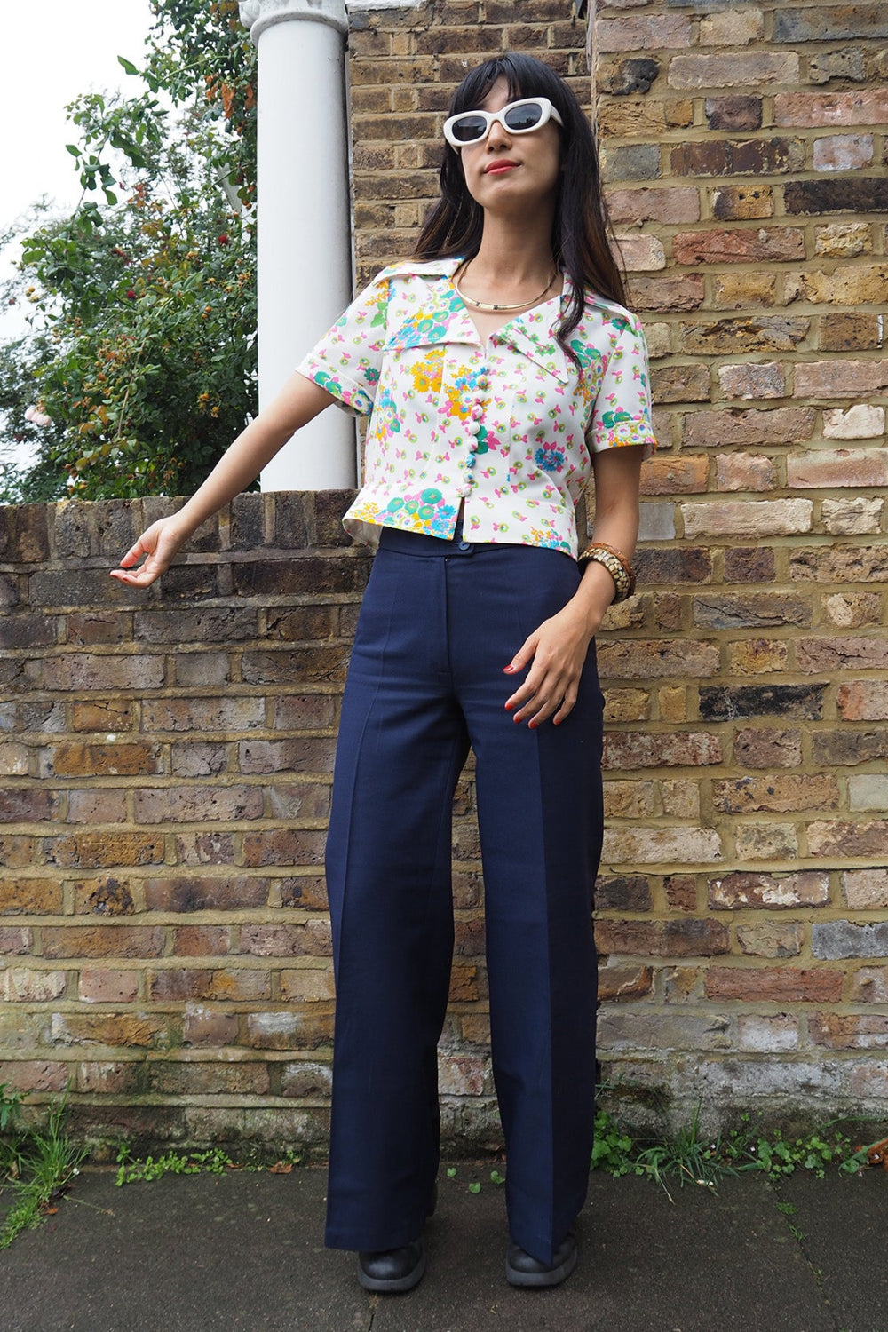 70's Vintage Betty Barclay White Shirt with Large Collar & Fabric Buttons