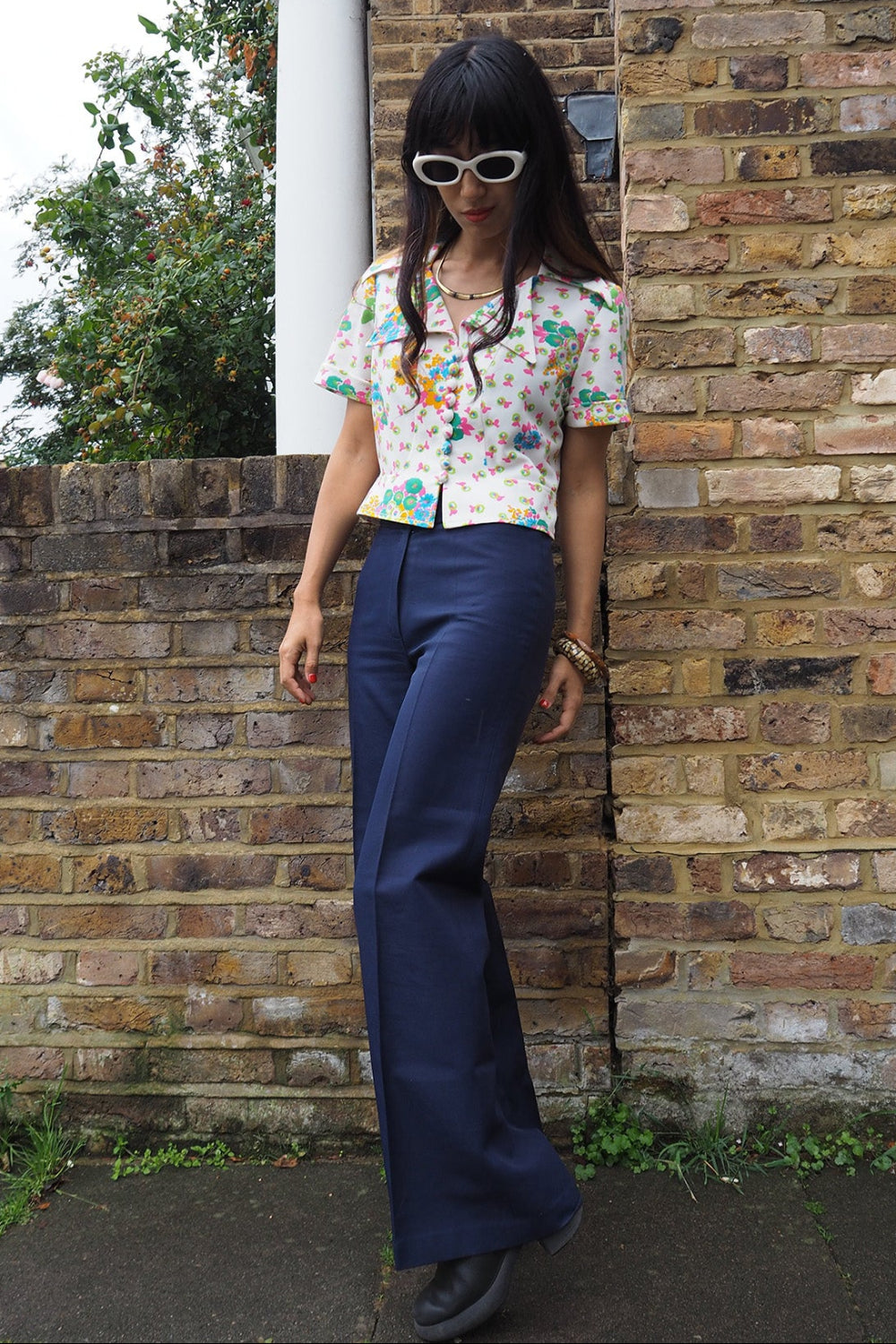 70's Vintage Betty Barclay White Shirt with Large Collar & Fabric Buttons