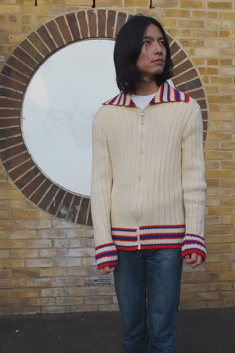 70-80s Vintage zip-up knit |Vintage Knit Hoodie with Tricolor Collar