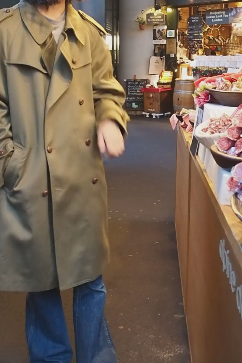 70's Spanish Military Trench Coat Lorca Industrial | Olive Green Leather Button Coat