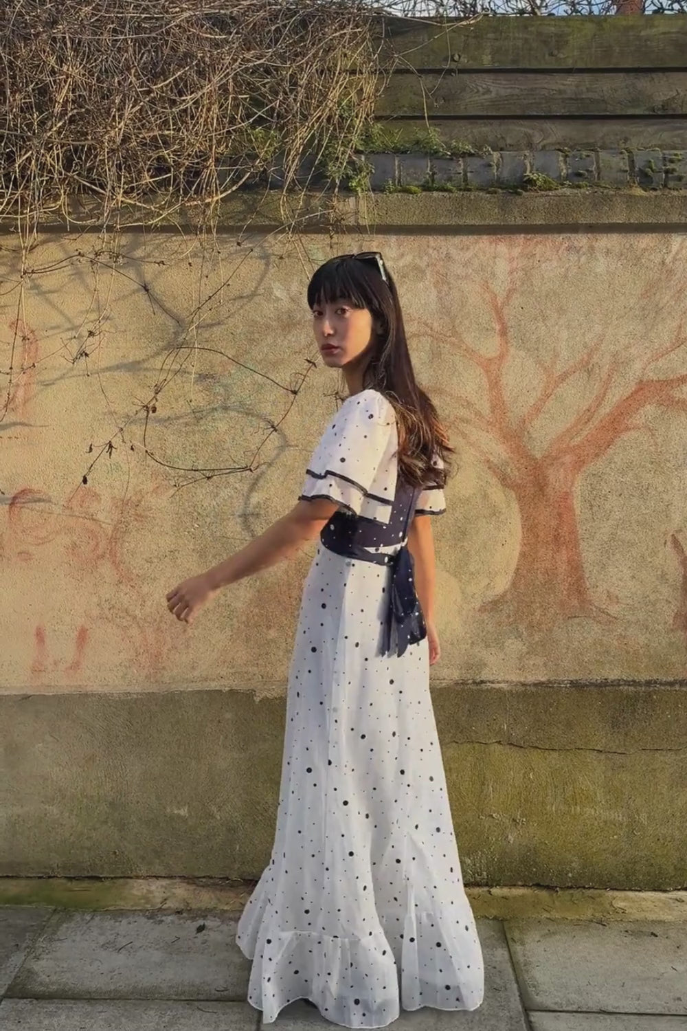 Vintage Richard Shops 70s Sheer Maxi Dress - White Navy Polka Dots