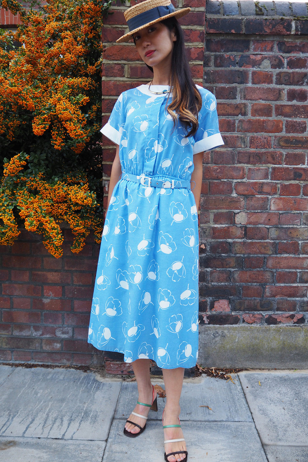 70's Vintage Susan Barry London Floral Cotton Midi Dress with Belt