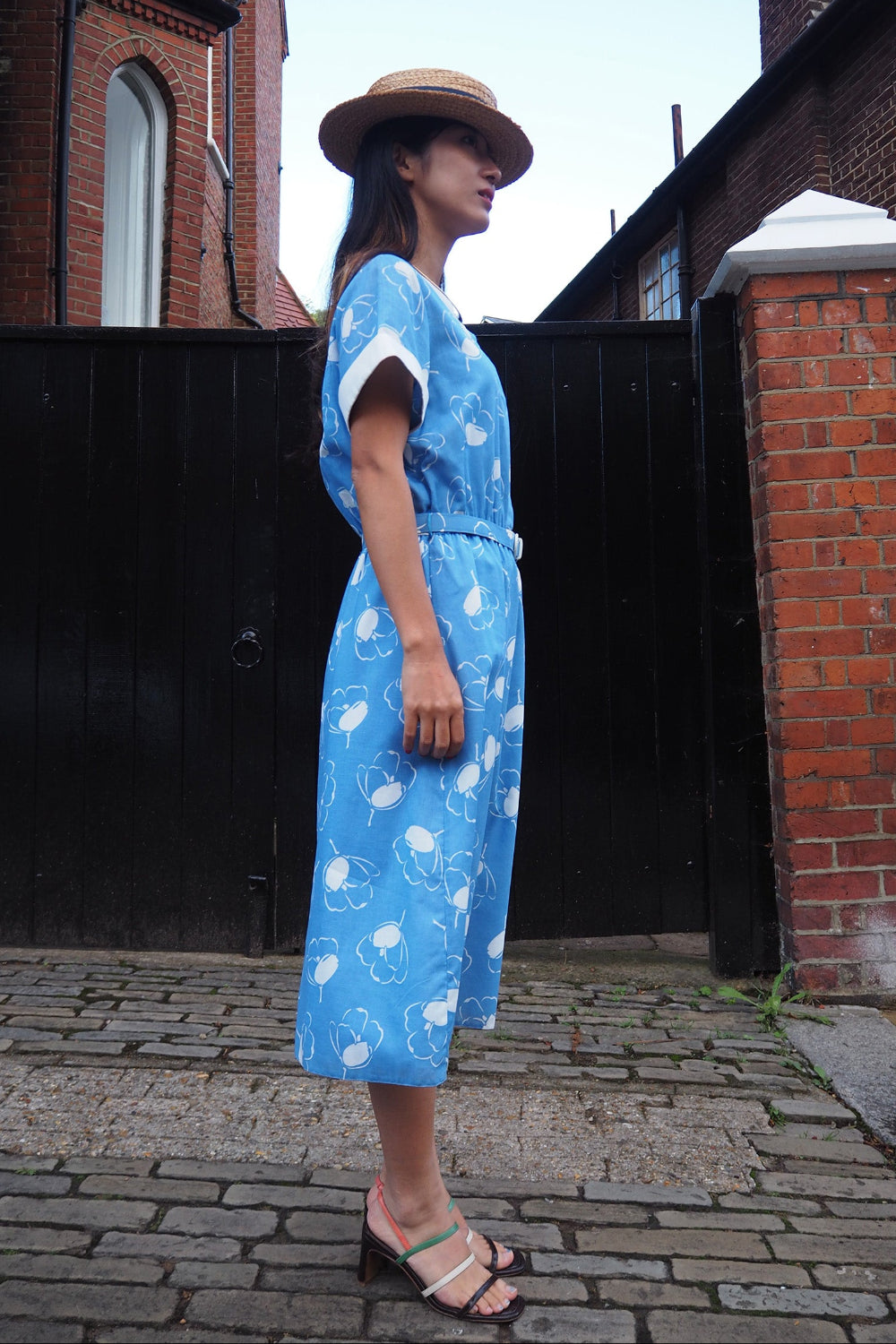 70's Vintage Susan Barry London Floral Cotton Midi Dress with Belt